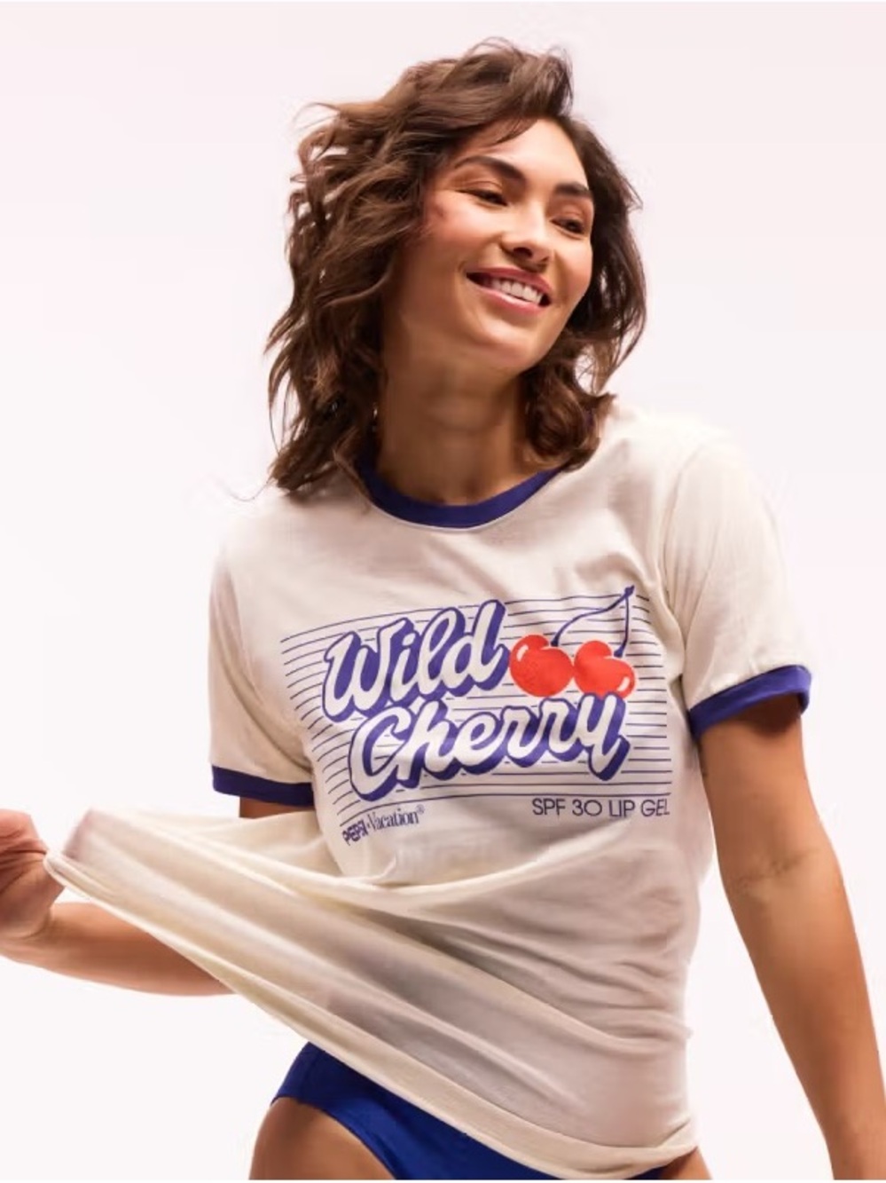 Wild Cherry Graphic Ringer Tee - Cream with Blue Trim